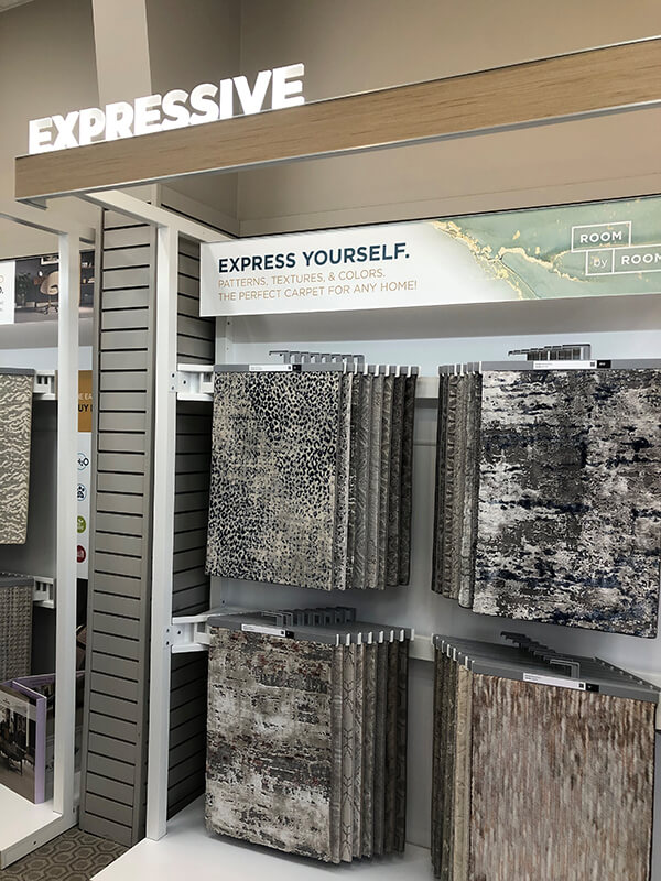 expressive carpet display in flooring showroom